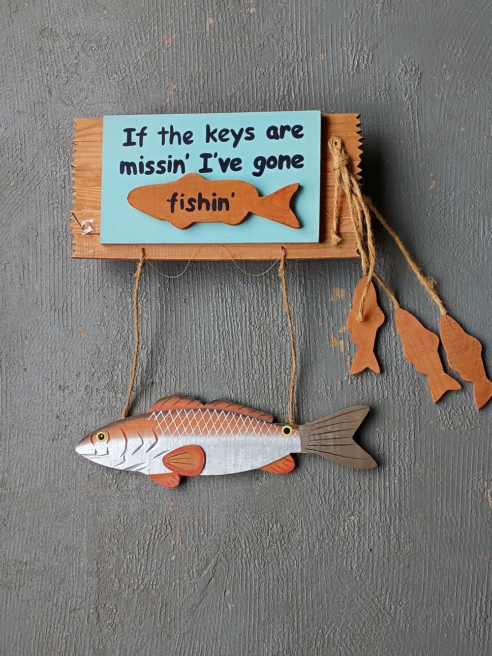 Wooden Fish Key Holder Wall Hanging Sign - Blue and Orange Fish Wall Decor NWT